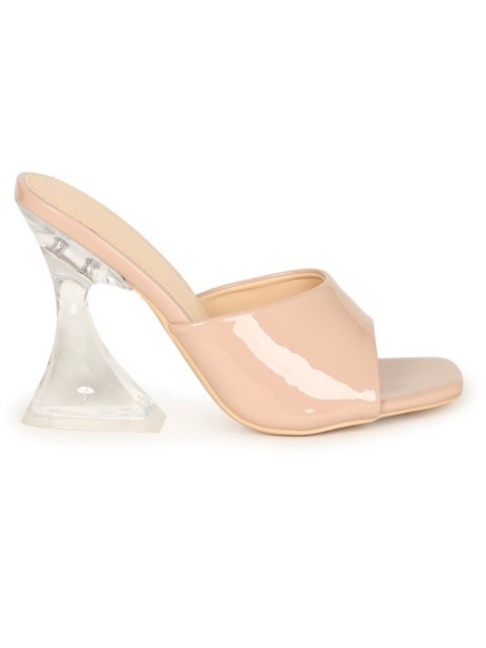 NUDE PATENT CLEAR BLOCK CHUNKY SLIP ON MULE SLIDE HEELS